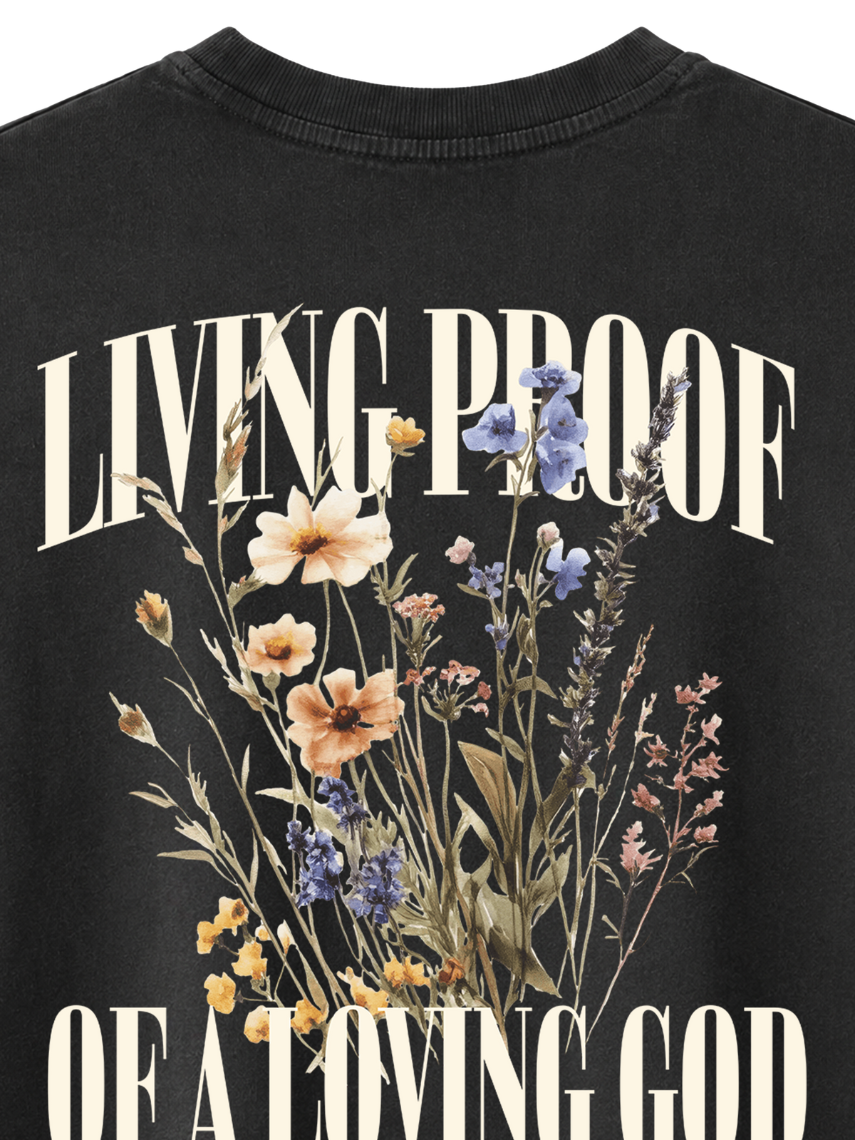 VINTAGE RELAXED FIT T-SHIRT LIVING PROOF OF A LOVING GOD - black-rock-back-close-2.png - 2