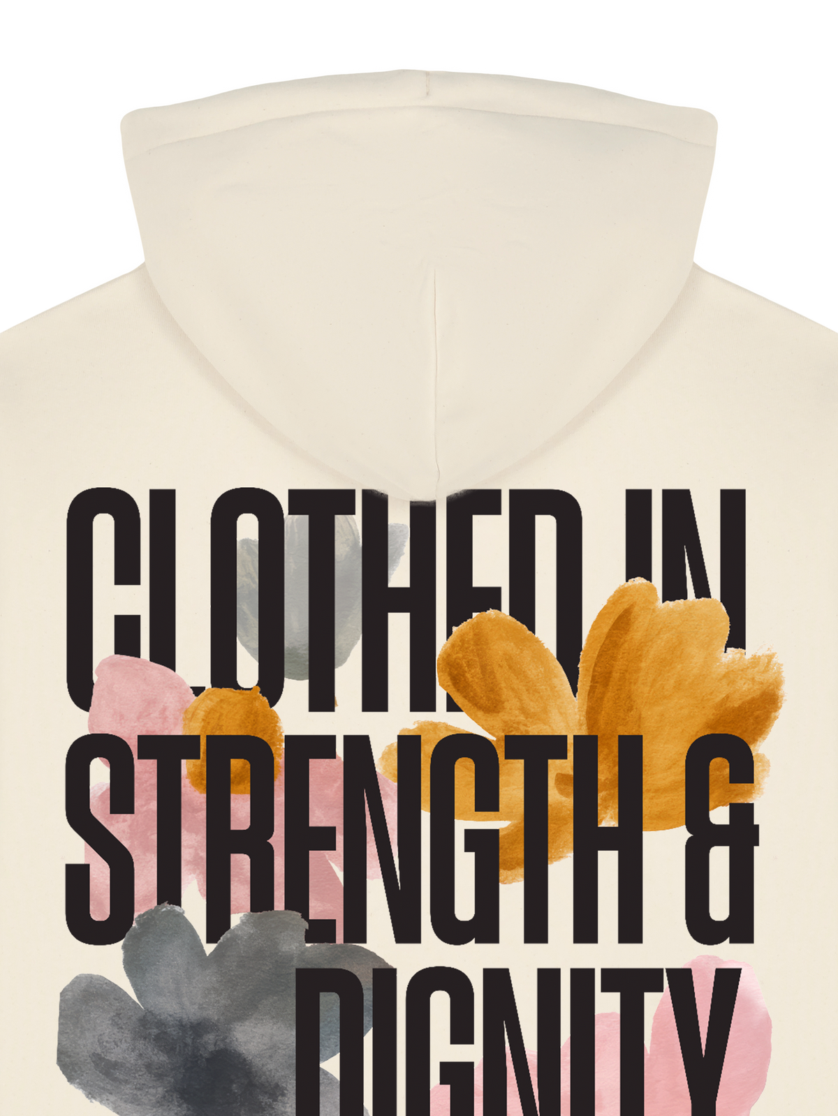 RELAXED FIT HOODIE CLOTHED IN STRENGTH - stella-nora-natural-raw-back-close-1.png - 2