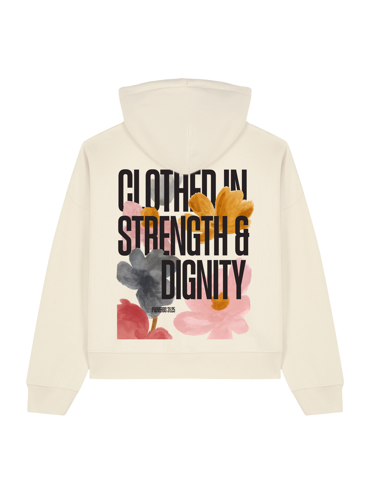 RELAXED FIT HOODIE CLOTHED IN STRENGTH - stella-nora-natural-raw-back.png - 1